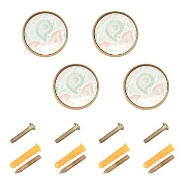 Imagem de Burbuja Maçanetas de armário de cozinha Paisley rosa menta, pacote com 4, puxadores redondos de 3,5 cm, puxadores de cômoda com parafusos para armários de cozinha, quarto, armário