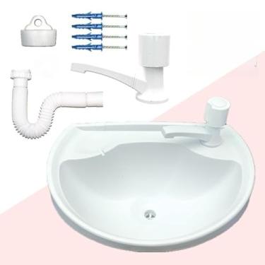 Imagem de Pia de Banheiro com Sifão e Ralo Lavatório Completo Antimanchas em Plástico Cuba para Banheiro com Kit de Instalação (4L BRANCO + TORN + SIF)