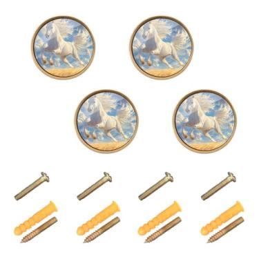 Imagem de Burbuja Puxadores de armário de cozinha de cavalo branco para corrida, pacote com 4, puxadores de gaveta redondos de 3,5 cm com parafusos para armários de cozinha, quarto, armário