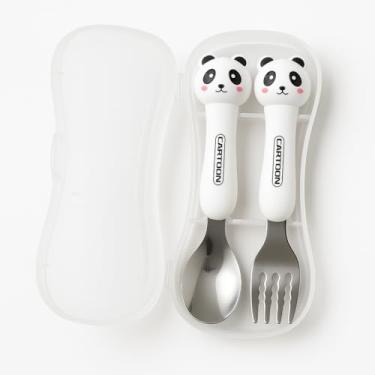 Imagem de Conjunto de Talheres Infantis com Estojo 2 Peças em Inox com Cabo Tema Panda Colher e Garfo Lancheira
