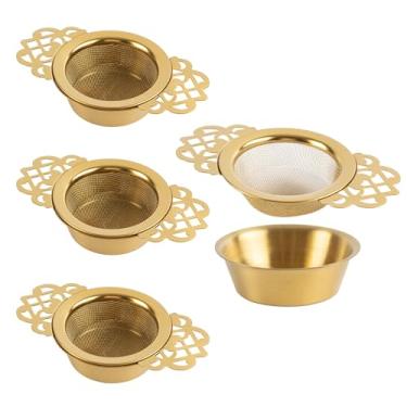 Imagem de Pacote com 4 coadores de dreno de chá de aço inoxidável 304, elegantes tigelas de gotejamento de chá com alças de pétalas para filtro de café de suco de chá solto, dourado