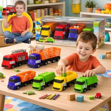 Imagem de Kit 4 Caminhões Brinquedo Miniatura Bombeiro Caçamba Caminhão de Lixo Boiadera Menino