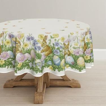 Imagem de Horaldaily Toalha de mesa de Páscoa, redonda, 152 x 152 cm, bege, coelhinho, ovo, lavável, capa de mesa sazonal para decoração de festa, piquenique, jantar