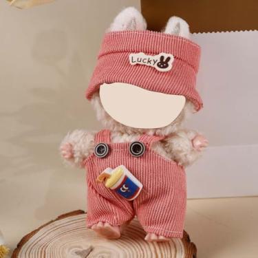 Imagem de Compatível com Labubu (sem boneca) - Conjunto de veludo cotelê rosa (chapéu com etiqueta de coelho da sorte + macacão com acento), roupa de boneca de 15 cm/17 cm (rosa)
