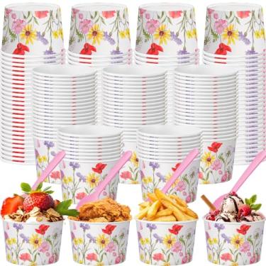 Imagem de Honeydak Conjunto de 48 copos de sorvete de papel de flores silvestres 255 g florais descartáveis copos de lanche com colheres tigelas de sobremesa para sundae, sopa de iogurte congelado, aniversário