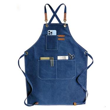 Imagem de Avental de lona azul com vários bolsos unissex ajustável - Yiweisai
