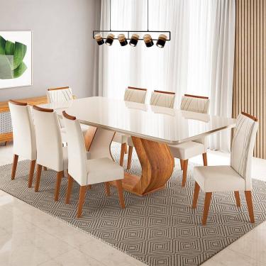 Imagem de Conjunto Sala de Jantar 8 Lugares Retangular Tampo em Vidroe Mdf Rubhe Mel/Off White/Bege