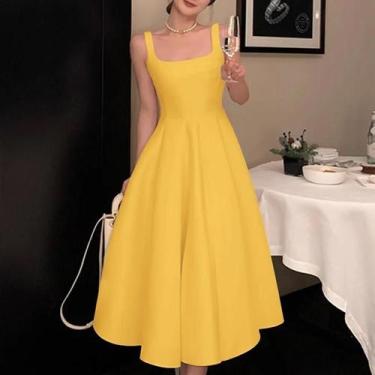 Imagem de Vestido Midi Feminino Vintage ZANZEA - Sem Mangas, Gola Quadrada, Verã