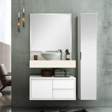 Imagem de Conjunto de Banheiro Pró 80cm com Espelho, Gabinete, Bancada, Armário Vertical e Cuba de Apoio Bumi Branco