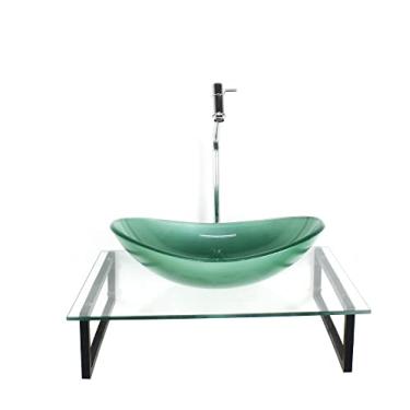 Imagem de KIT CUBA DE VIDRO OVAL 10MM VERDE COM TAMPO 50CM INCOLOR E SUPORTE PRETO