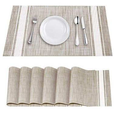 Imagem de YOSICHY Conjunto de 6 tapetes de mesa de vinil trançado, resistente ao calor, antiderrapante, para mesa de jantar, lavável, fácil de limpar (branco)