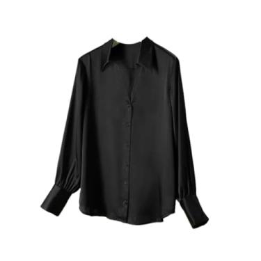 Imagem de Camisa feminina de seda feminina primavera gola V cetim manga longa blusa de seda, Preto 1, M