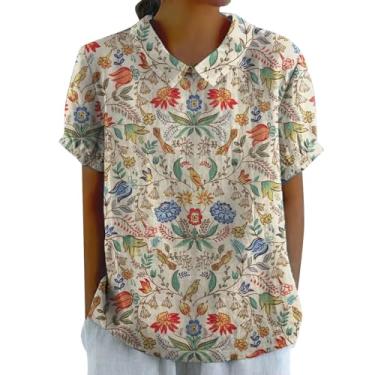 Imagem de Camiseta feminina com estampa floral e gola de boneca, manga curta, caimento solto, confortável, túnica, blusa casual de verão, Bege, XXG