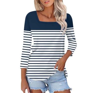 Imagem de Camisetas femininas com gola quadrada manga 3/4, casuais, básicas, de verão, estampadas, soltas, túnica, #03-Azul marinho, XXG
