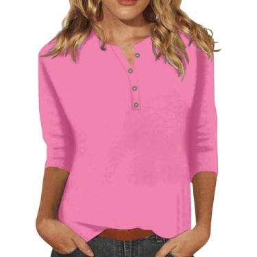 Imagem de Camiseta feminina Henley manga 3/4 comprimento blusa cor sólida ajuste solto túnica casual elegante, Rosa choque, GG