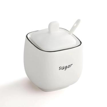 Imagem de maryeadecoor Açucareiro de 350 ml com tampa e colher - Dispensador de pote de açúcar de cerâmica para cafeteria, cozinha, bancada, recipiente para sal e especiarias - branco