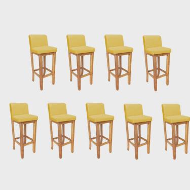 Imagem de Kit 09 Banqueta Alta Com Encosto Aila Balcão Bistrô Base Madeira Maciça Sintético Amarelo - Ahz Móveis