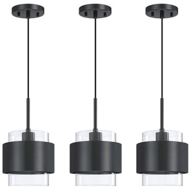 Imagem de Leading Lighting Pacote Com 3 Luminárias Pendentes Para Cozinha Interna, 1 Luminária De Teto Cúpula Vidro Transparente, Acabamento Preto, Estilo Fazenda Moderno, Sobre A Pia, Corredor