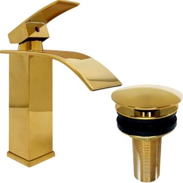 Imagem de Dona D Cor, Torneira Dourada E Valvula Click 7/8 Aço Inox Kit Pia Lavabo Gold Luxo Quadrada Bica Baixa Cascata Monocomando E Ralo De Pia Banheiro Escoamento Cuba