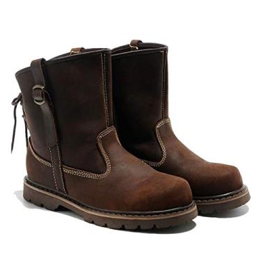 Imagem de Bigfanshu Botas de neve masculinas de couro de camurça, sem cadarço, botas de caubói, sapatos quentes de inverno, moda masculina, cano médio, cano baixo, botas ocidentais sem cadarço e sem cadarço, Marrom, 7 Wide