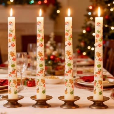 Imagem de FYBW Pacote com 4 velas cônicas de Natal, castiçais brancos sem cheiro de 25 cm com design de estampa de árvore de Natal para decoração de mesa de férias, cornija de lareira, casamentos de inverno