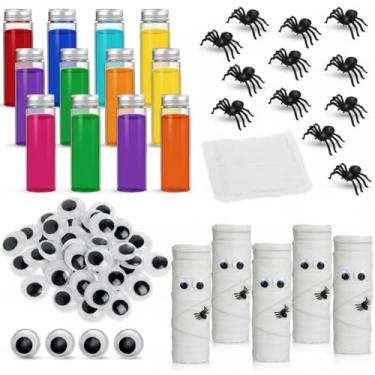 Imagem de Soulchen Conjunto de 12 tubos de plástico para doces de Halloween com mini bandagem de múmia, mini aranhas e olhos agitados, frascos de doces de Halloween, frascos de poção com tampas para presente de