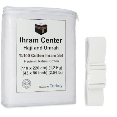 Imagem de Ihram para homens – Conjunto de toalhas Hajj e Umrah de 2 peças – 100% algodão natural macio, não costurado 110 x 220 cm (43 x 86 pol) Ahram Ehram (algodão com cinto)