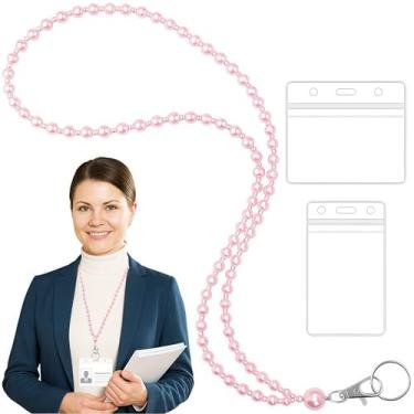 Imagem de Cordão de pérola rosa para crachás de identificação para mulheres, suporte de crachá de identificação de pérola sintética e chaveiro, cordão de acrílico leve de 63 cm para crachás de nome