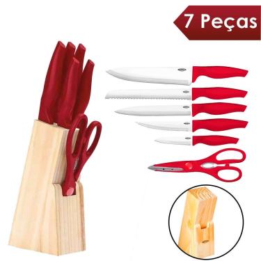 Imagem de Conjunto de Facas Brinox Cross Cepo 7 Peças Inox Vermelho