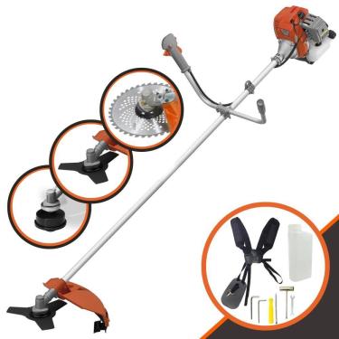 Imagem de Roçadeira Máquina de Cortar Grama À Gasolina Tekna RL520AC-G2 2T 52cc 2HP de Alta Performance Com Carretel Nylon + Faca 3 Pontas + Faca 40 Dentes