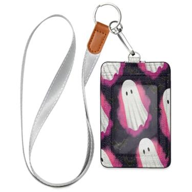 Imagem de Wassud Porta-crachá de couro PU Boo-boos Halloween com cordão, porta-cartão de identificação para trabalho, cordão de pescoço com compartimentos para cartões de crédito, funcionários, estudantes, 39,9