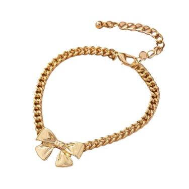 Imagem de RTY Colar com laço de ouro para mulheres, corrente cubana grossa com laço, gargantilha para mulheres, meias de Natal, one size, Zinco, Sem Pedra Preciosa