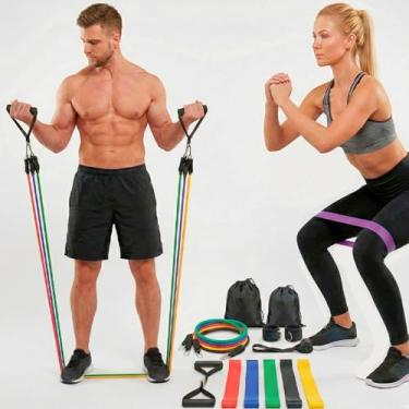 Imagem de Kit Elástico Extensor 17 Peças com Miniband | Treino em Casa e Academia, Pilates, Funcional, Fisioterapia, Musculação, Yoga, Alongamento e Emagrecimento