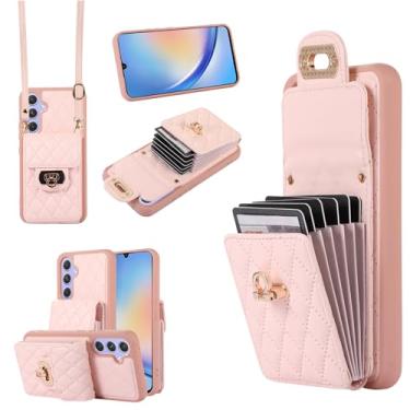 Imagem de Capa carteira para Samsung Galaxy S25 Plus com 6 compartimentos para cartão, trava de metal, suporte, capa protetora antiqueda, alça de pulso ajustável – couro sintético durável e design de TPU (rosa)