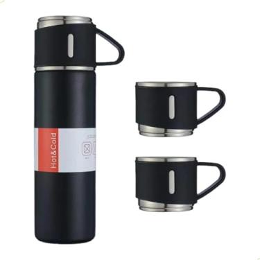 Imagem de Kit Garrafa Térmica Inox 500ml com 3 Xícaras Portátil Uso Diário Ideal para Camping Viagem