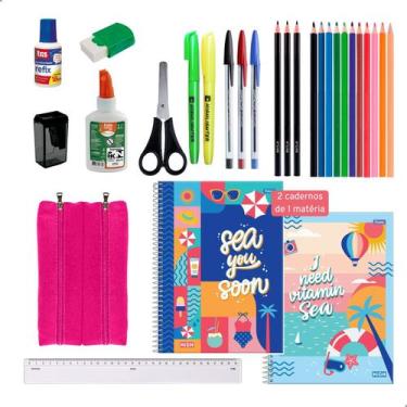 Imagem de Kit Material Escolar 2 Cadernos 96fls Estojo + Itens Feminino - Darujo