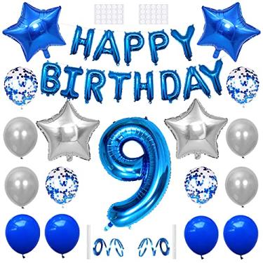 Imagem de Xihuimay Decoração de aniversário de 9 anos faixa de feliz aniversário balão de 9 anos de idade suprimentos de festa de aniversário balões de hélio 81 cm número 9 balão confete balão de látex estrela balão de folha de coração, azul prata
