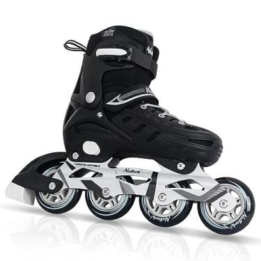 Imagem de Patins pretos em linha para meninos e homens, 4 tamanhos de lâminas ajustáveis, patins com suporte no tornozelo, alça ajustável, rodas de 90 mm e bota macia adequada para patinação, Roller Derby, hóquei de rua