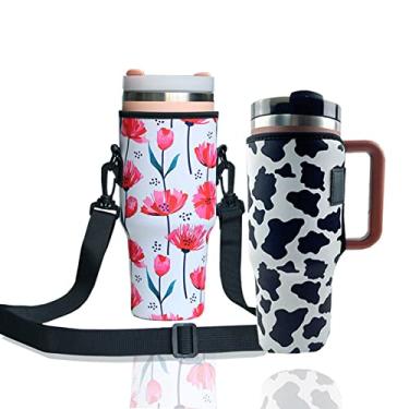 Imagem de Pacote com 2 capas reutilizáveis de neoprene com isolamento térmico para copo Stanley de 1,134 g, mangas de garrafa de água, copo de 1,134 g com alça, acessórios para copo Stanley para caminhadas ao