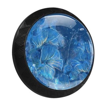 Imagem de Pacote com 4 puxadores de armário de cozinha com floral azul abstrato, puxadores de cristal de vidro para gavetas de cômoda, puxadores redondos de móveis