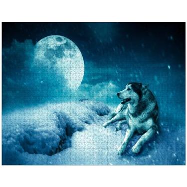 Imagem de Quebra-cabeça paisagem lua siberiano Husky 1000 peças de madeira quebra-cabeça lobo para adultos amigos imagem quebra-cabeça presentes para casamento, aniversário, dia dos namorados, decoração de casa