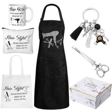 Imagem de Coume Conjunto de 7 peças para presente de cabeleireiro, inclui avental de cabeleireiro, bolsa de maquiagem, canecas, tesoura, berloque, chaveiro, tesoura, clipes de cabelo e caixa de presente para