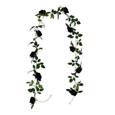 Imagem de Guirlanda artificial de eucalipto com rosas negras de videira de rosa artificial pendurada com flores falsas, guirlanda de flores de seda preta para decoração de casa de casamento Halloween (2,5 m)