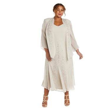 Imagem de R&M Richards Vestido e jaqueta estilo blusão de chiffon elegante com contas até o meio da panturrilha plus size, Champanhe, 26 Plus