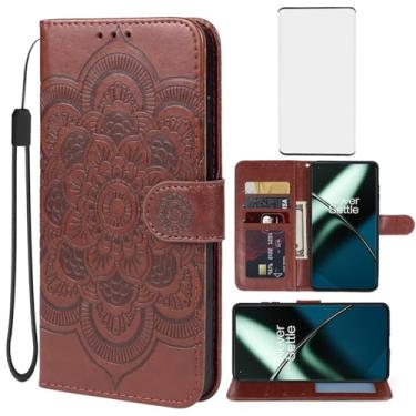 Imagem de Yodueiv Capa carteira para OnePlus 11, One Plus 11 5G PHB110, com protetor de tela de vidro temperado, alça de pulso de couro PU mandala, compartimentos para cartões, capa protetora flip para OnePlus