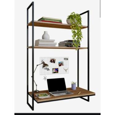 Imagem de escrivaninha industrial com prateleiras, mesa escritorio, home office, mesa game.