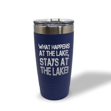 Imagem de Tumblera Tumblers Canecas de viagem What Happens at Lake Stays at The Lake! Copo de café personalizado com gravação de aço inoxidável de 600 ml, design marinho apenas