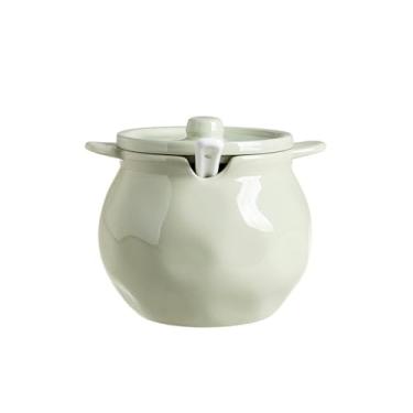 Imagem de Lata de cerâmica dupla de orelha simples e personalizada, lata de óleo de pimenta para uso doméstico com tampa - lata de tempero grande - verde leite (com colher) - cor creme