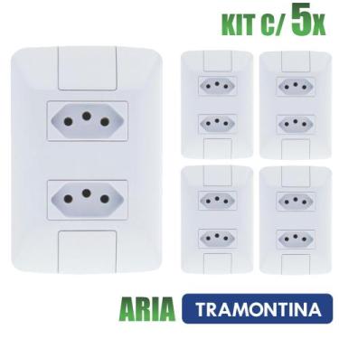 Imagem de Tomada Dupla Aria Branco Tramontina 10A/250V Kit c/ 5 unidades