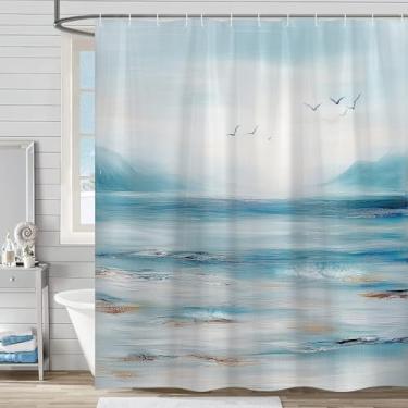 Imagem de Sanzugh Cortina de chuveiro longa Ocean Beach, conjunto de cortinas de chuveiro de tecido temático azul petróleo abstrato litorâneo para banheiro decorativo 182 x 182 cm decoração de banho tropical
